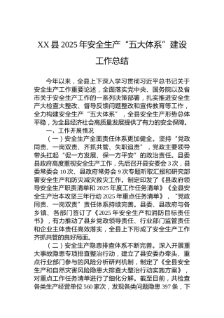 XX县2025年安全生产“五大体系”建设工作总结
