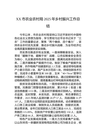 XX市农业农村局2025年乡村振兴工作总结