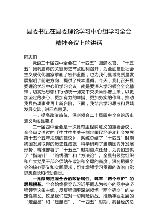 县委书记在县委理论学习中心组学习党的二十届四中全会精神会议上的讲话