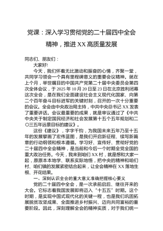 党课：深入学习贯彻党的二十届四中全会精神，推进XX高质量发展
