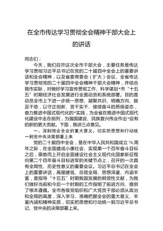 在全市传达学习贯彻党的二十届四中全会精神干部大会上的讲话