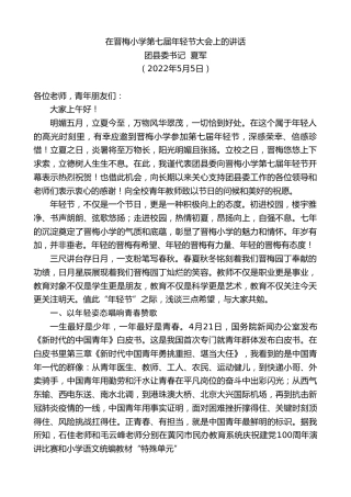 最新讲话系列第3681期团县委书记夏军：在晋梅小学第七届年轻节大会上的讲话