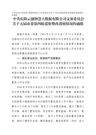 云创智慧大数据有限公司支部委员会关于五届市委第四轮巡察整改进展情况的通报