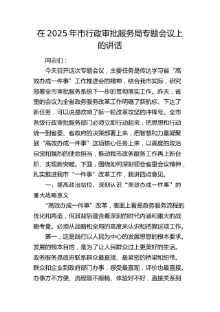 市行政审批服务局专题会议上的讲话