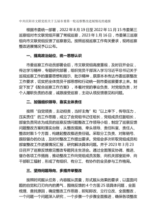 市文联党组关于五届市委第一轮巡察整改进展情况的通报
