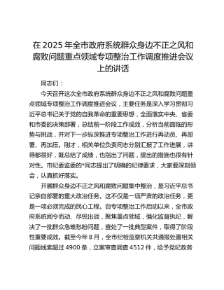 全市政府系统群众身边不正之风和腐败问题重点领域专项整治工作调度推进会议上的讲话
