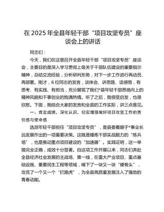 全县年轻干部“项目攻坚专员”座谈会上的讲话