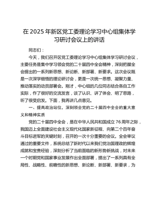 新区党工委理论学习中心组集体学习研讨会议上的讲话