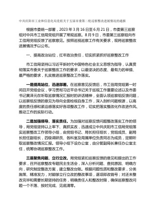市工业和信息化局党组关于五届市委第二轮巡察整改进展情况的通报