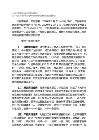 职业技术学院委员会关于落实市委第五巡察组反馈意见整改情况的报告