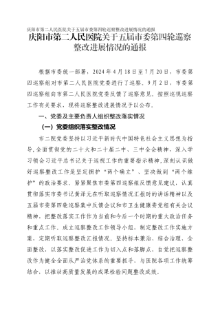 市第二人民医院关于五届市委第四轮巡察整改进展情况的通报