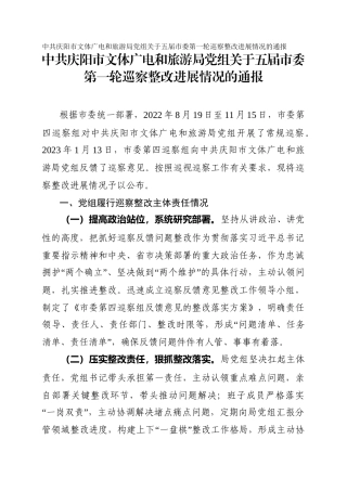 市文体广电和旅游局党组关于五届市委第一轮巡察整改进展情况的通报