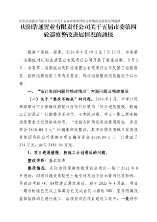 浩通置业有限责任公司关于五届市委第四轮巡察整改进展情况的通报