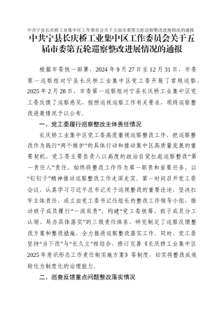 宁县长庆桥工业集中区工作委员会关于五届市委第五轮巡察整改进展情况的通报