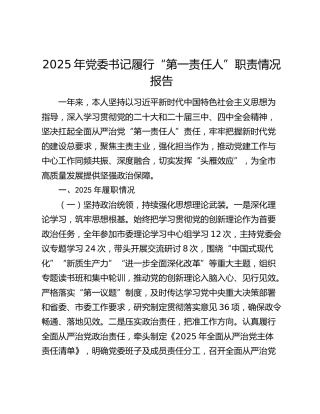 2025年党委书记履行“第一责任人”职责情况报告