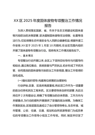 XX区2025年度固体废物专项整治工作情况报告