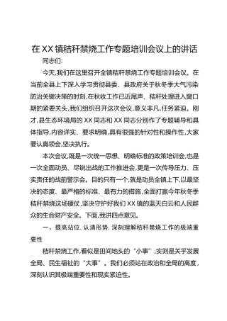 在XX镇秸秆禁烧工作专题培训会议上的讲话
