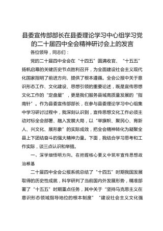 县委宣传部部长在县委理论学习中心组学习党的二十届四中全会精神研讨会上的发言