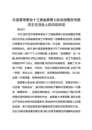 在县委常委会十三届省委第七轮巡视整改专题民主生活会上的总结讲话