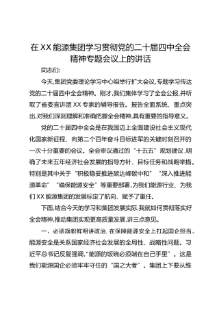 在XX能源集团学习贯彻党的二十届四中全会精神专题会议上的讲话