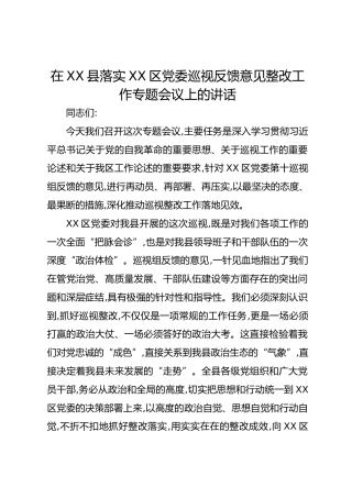 在XX县落实XX区党委巡视反馈意见整改工作专题会议上的讲话