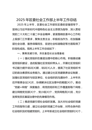 2025 年区委社会工作部上半年工作总结