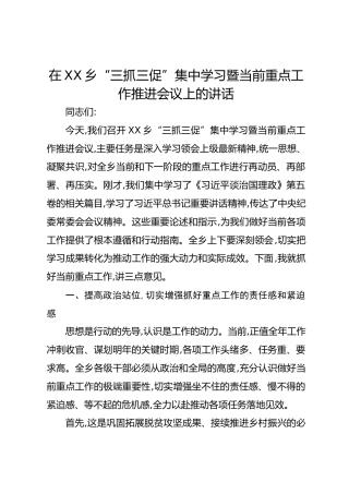 在XX乡“三抓三促”集中学习暨当前重点工作推进会议上的讲话