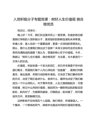 入党积极分子专题党课：树好人生价值观  做合格党员