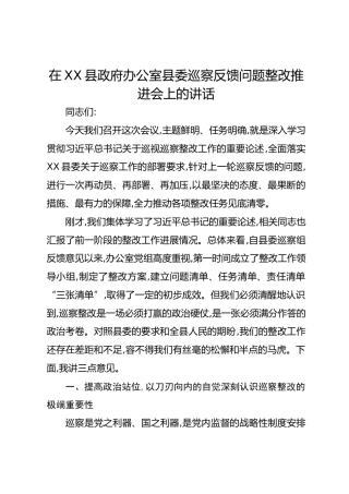 在XX县政府办公室县委巡察反馈问题整改推进会上的讲话