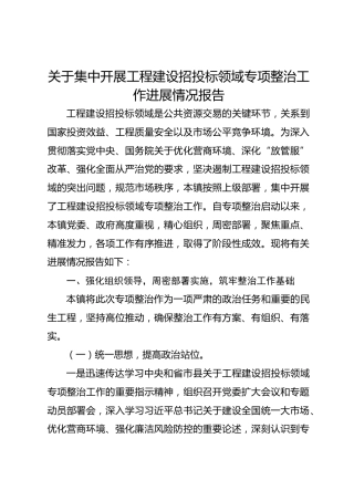 关于集中开展工程建设招投标领域专项整治工作进展情况报告