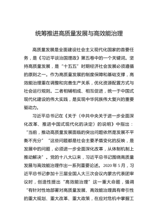 党课讲稿：统筹推进高质量发展与高效能治理