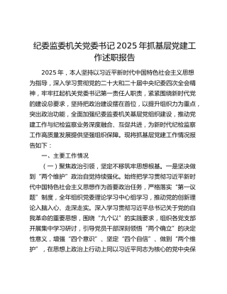 纪委监委机关党委书记2025年抓基层党建工作述职报告