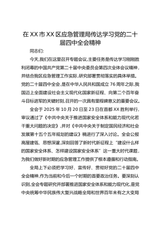 在XX市XX区应急管理局传达学习党的二十届四中全会精神