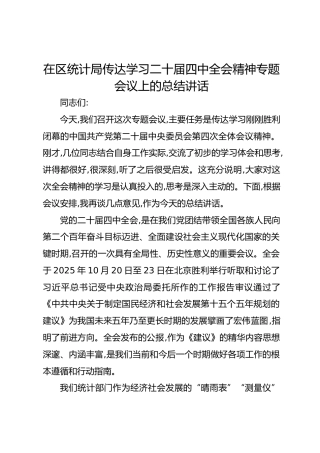 在区统计局传达学习二十届四中全会精神专题会议上的总结讲话