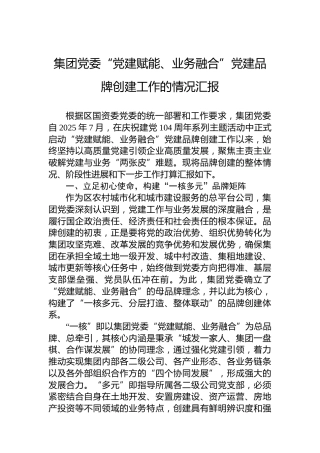 集团党委“党建赋能、业务融合”党建品牌创建工作的情况汇报