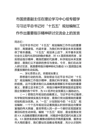 市国资委副主任在理论学习中心组专题学习习近平总书记对“十五五”规划编制工作作出重要指示精神研讨交流会上的发言