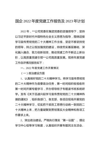 国企2022年度党建工作报告及2023年计划