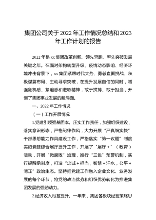 集团公司关于2022年工作情况总结和2023年工作计划的报告