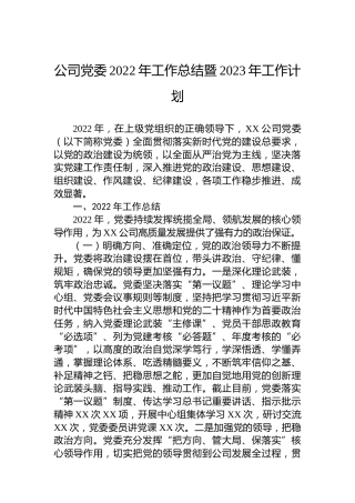 公司党委2022年工作总结暨2023年工作计划