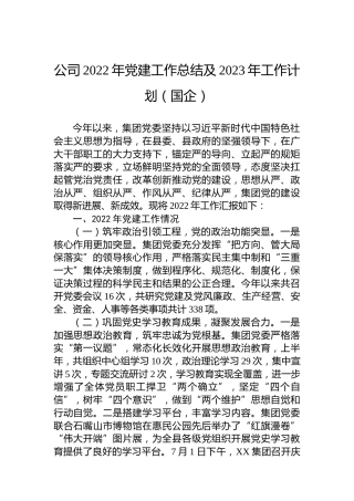 公司2022年党建工作总结及2023年工作计划（国企）