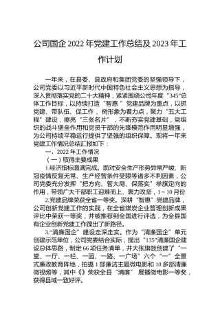 公司国企2022年党建工作总结及2023年工作计划