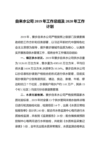 自来水公司2019年工作总结及2020年工作计划