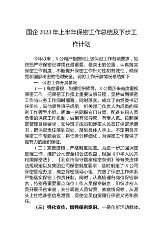 国企2023年上半年保密工作总结及下步工作计划
