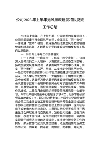 公司2023年上半年党风廉政建设和反腐败工作总结