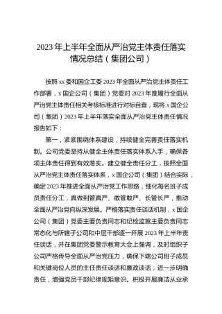 2023年上半年全面从严治党主体责任落实情况总结（集团公司）