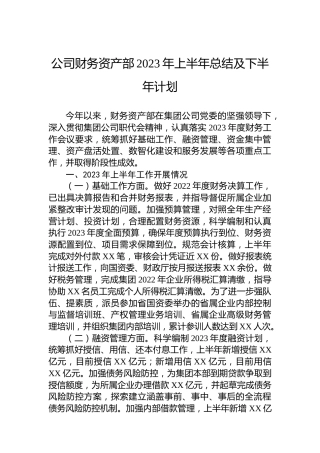 公司财务资产部2023年上半年总结及下半年计划