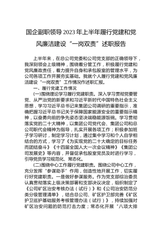 国企副职领导2023年上半年履行党建和党风廉洁建设“一岗双责”述职报告