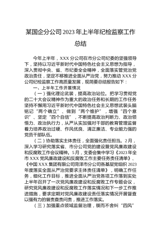 某国企分公司2023年上半年纪检监察工作总结