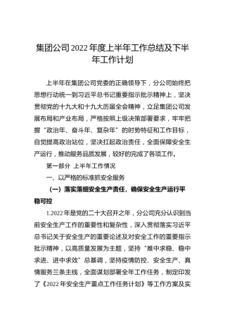 集团公司2022年度上半年工作总结及下半年工作计划