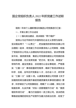 国企党组织负责人2022年抓党建工作述职报告
